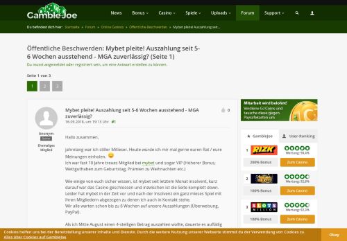 
                            3. Mybet pleite! Auszahlung seit 5-6 Wochen ausstehend - MGA ...