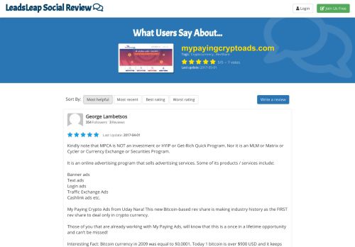 
                            3. Mypayingcryptoads.com Review - What Users Say? - LeadsLeap
