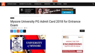 
                            12. Mysore University PG Admit Card 2018 for Entrance Exam | AglaSem ...