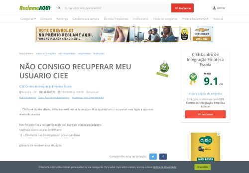 
                            2. NÃO CONSIGO RECUPERAR MEU USUARIO CIEE - Reclame Aqui