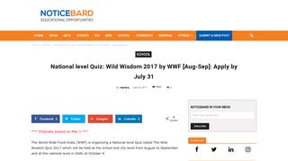 
                            6. National level Quiz: Wild Wisdom 2017 by WWF [Aug-Sep]: Apply by ...