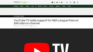 
                            9. NBA League Pass arrives on YouTube TV - 9to5Google