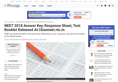 
                            13. NEET 2018 Answer Key, Response Sheet, Test Booklet Released At ...