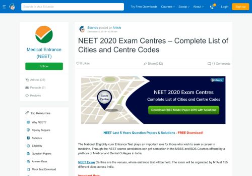 
                            10. NEET 2019 Exam Centres – Complete List of Cities and Centre Codes