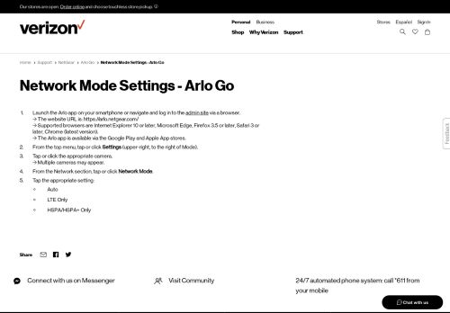 
                            13. Network Mode Settings - Arlo Go | Verizon Wireless