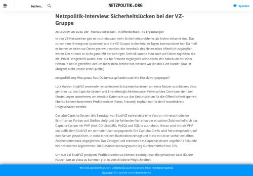 
                            11. Netzpolitik-Interview: Sicherheitslücken bei der VZ-Gruppe ...
