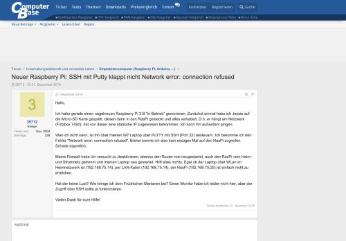 
                            3. Neuer Raspberry Pi: SSH mit Putty klappt nicht Network error ...