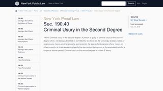 
                            3. New York Penal Law Section 190.40 - Criminal Usury in the Second ...