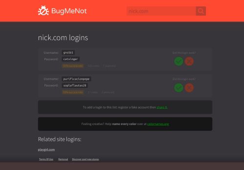 
                            2. nick.com passwords - BugMeNot