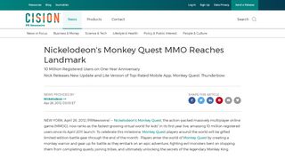 
                            11. Nickelodeon's Monkey Quest MMO Reaches Landmark - PR Newswire