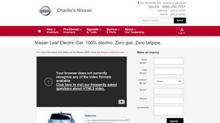 
                            10. Nissan Leaf Electric Car: 100% electric. Zero gas. Zero tailpipe ...