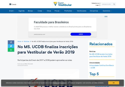 
                            11. No MS, UCDB finaliza inscrições para Vestibular de Verão 2019