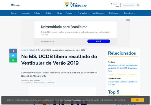 
                            12. No MS, UCDB libera resultado do Vestibular de Verão 2019