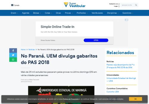 
                            12. No Paraná, UEM divulga gabaritos do PAS 2018 - Super Vestibular