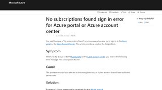 
                            9. No subscriptions found error - Azure portal sign in | Microsoft Docs
