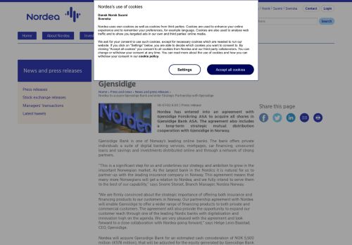 
                            10. Nordea to acquire Gjensidige Bank and enter Strategic Partnership ...