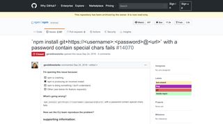 
                            4. `npm install git+https://<username>:<password>@<url>` with ... - GitHub
