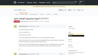
                            8. npm install requires login? · Issue #10791 · npm/npm · GitHub