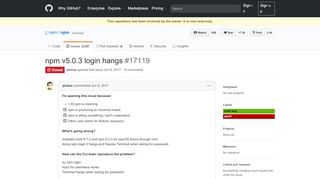 
                            1. npm v5.0.3 login hangs · Issue #17119 · npm/npm · GitHub