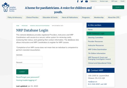 
                            10. NRP Database Login | Canadian Paediatric Society