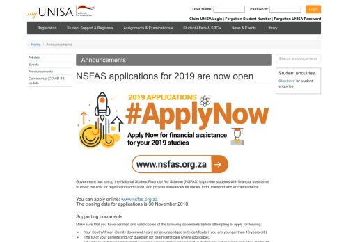 
                            8. NSFAS applications for 2019 are now open - Unisa