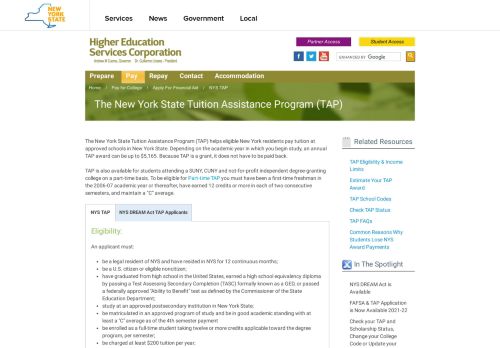 
                            4. NYS Higher Education Services Corporation - NYS TAP