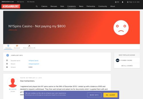 
                            6. NYSpins Casino - Not paying my $800 - Complaint in Progress ...