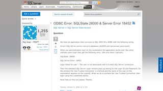 
                            1. ODBC Error: SQLState 28000 & Server Error 18452 - MSDN - Microsoft