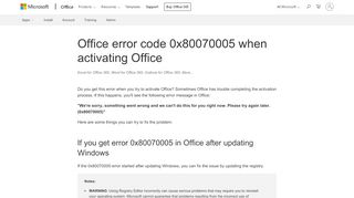 
                            3. Office error code 0x80070005 when activating Office - Office Support