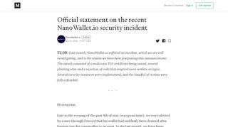 
                            2. Official statement on the recent NanoWallet.io security incident - Medium