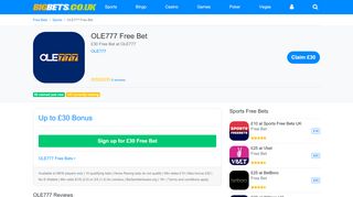 
                            4. OLE777 £30 Free Bet on Sign Up - Feb 2019 - Free Bets UK