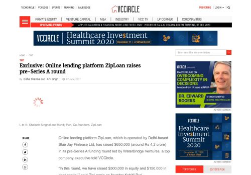 
                            5. Online lending platform ZipLoan raises pre-Series A round | VCCircle