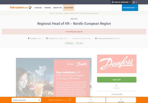 
                            11. Open job: Regional Head of HR - Nordic European Region - Danfoss