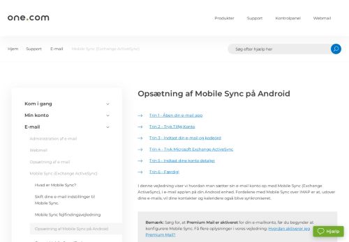 
                            4. Opsætning af Mobile Sync på Android – Support | One.com