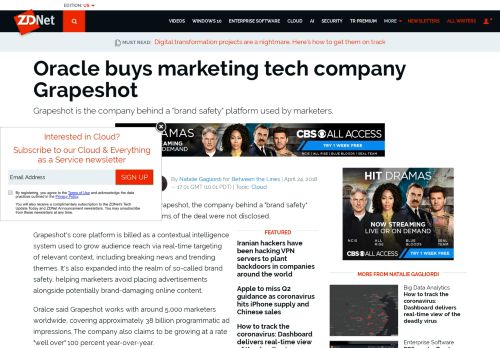 
                            13. Oracle buys marketing tech company Grapeshot | ZDNet