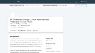 
                            13. Oracle hiring IRT / IVR Project Manager | Clinical Health Sciences ...