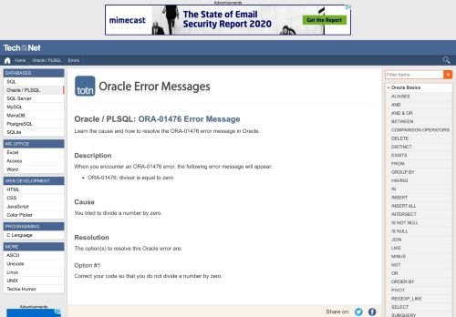 
                            12. Oracle / PLSQL: ORA-01476 Error Message - TechOnTheNet