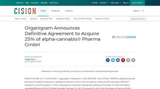 
                            11. Organigram Announces Definitive Agreement to Acquire 25% of alpha ...