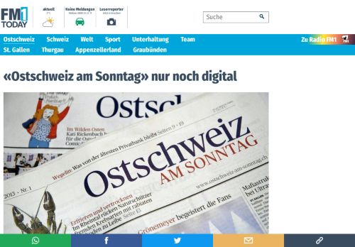 
                            9. «Ostschweiz am Sonntag» nur noch digital - FM1Today