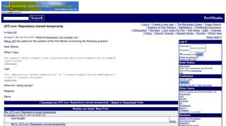 
                            11. (OT) svn: Repository moved temporarily - PerlMonks