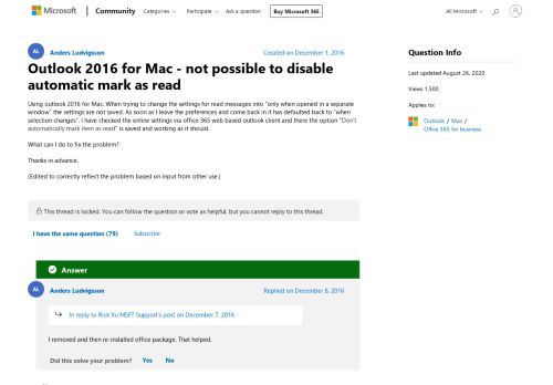 
                            10. Outlook 2016 for Mac - not possible to disable automatic mark as ...