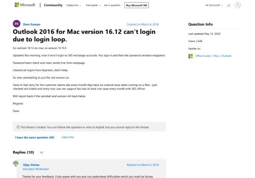 
                            11. Outlook 2016 for Mac version 16.12 can't login due to login loop ...