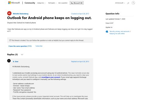 
                            7. Outlook for Android phone keeps on logging out. - Microsoft Community