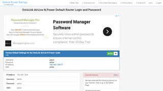 
                            4. OvisLink AirLive N.Power Default Router Login and Password