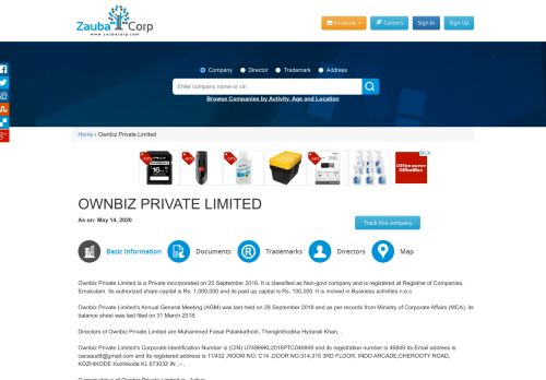 
                            2. OWNBIZ PRIVATE LIMITED - Company, directors and contact details ...