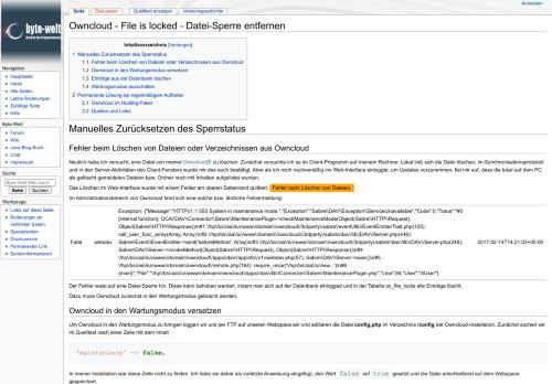 
                            10. Owncloud - File is locked - Datei-Sperre entfernen – Byte-Welt Wiki