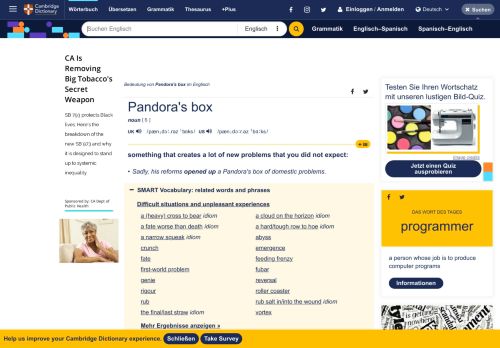 
                            12. Pandora's box | Bedeutung im Cambridge Englisch Wörterbuch