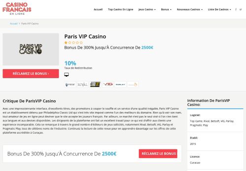 
                            10. Paris VIP Casino : Bonus de bienvenue de 2 500 €