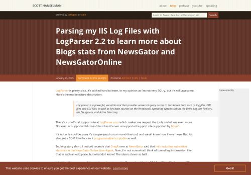 
                            9. Parsing my IIS Log Files with LogParser 2.2 to learn more about Blogs ...