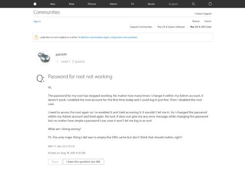 
                            7. Password for root not working - Apple Community - Apple Discussions